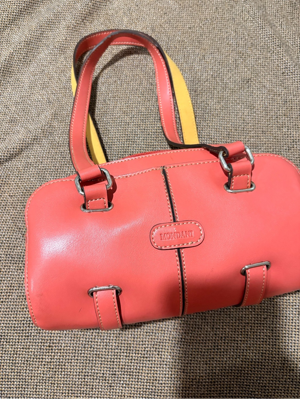 Mondani Coral and Yellow Leather Satchel